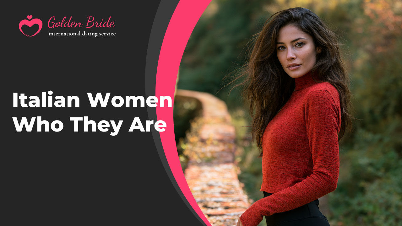 Woman in a red turtleneck standing on a stone path surrounded by autumn greenery